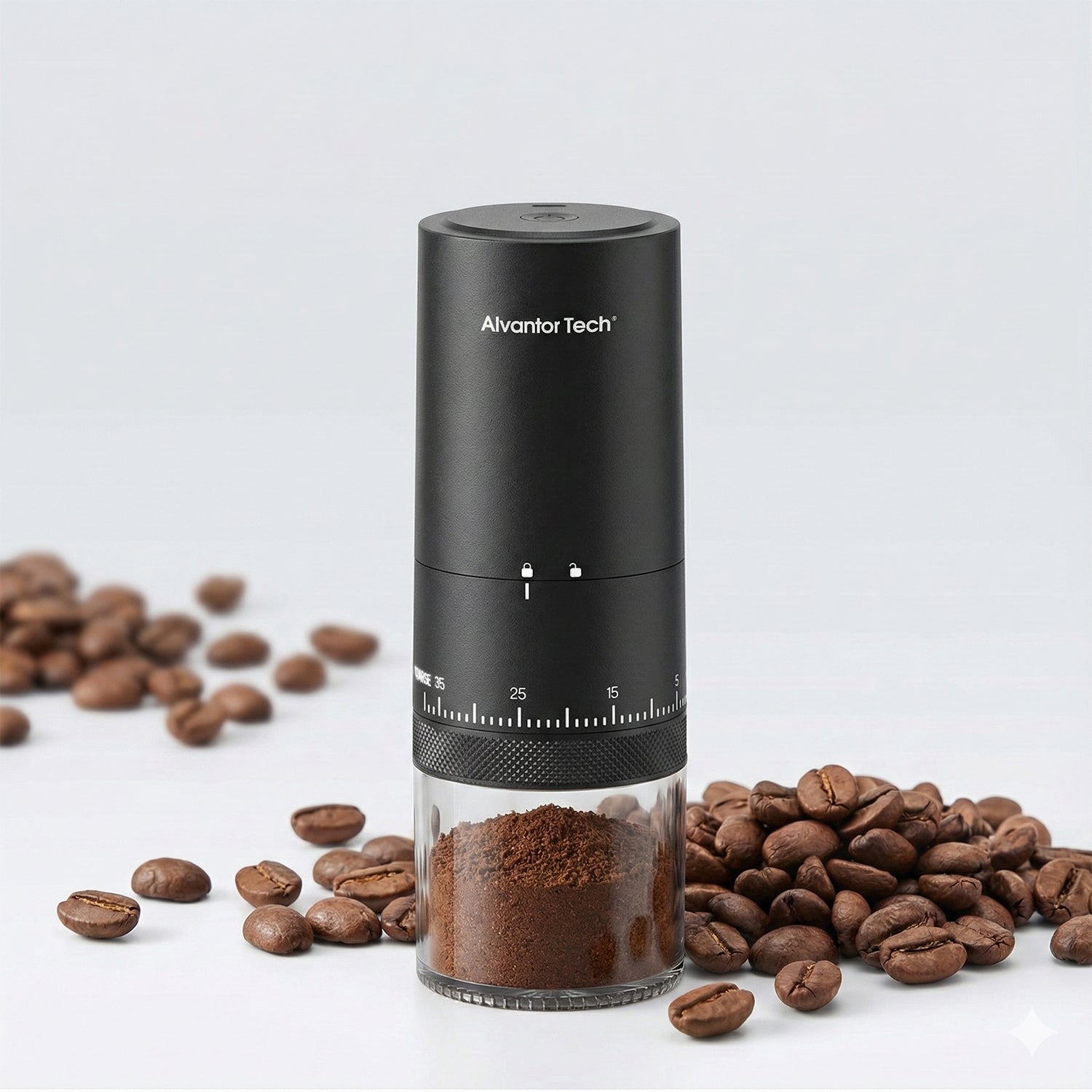 Alvantor Tech® Rechargeable Portable Coffee Grinder, 38 Grind Settings External Dial, 2000mAh Battery, Ceramic Burr, 25g Bean Hopper, 120–150 Min Fast Charging, Grind While Charging, Compact 2.8"×2.8"×7.9"