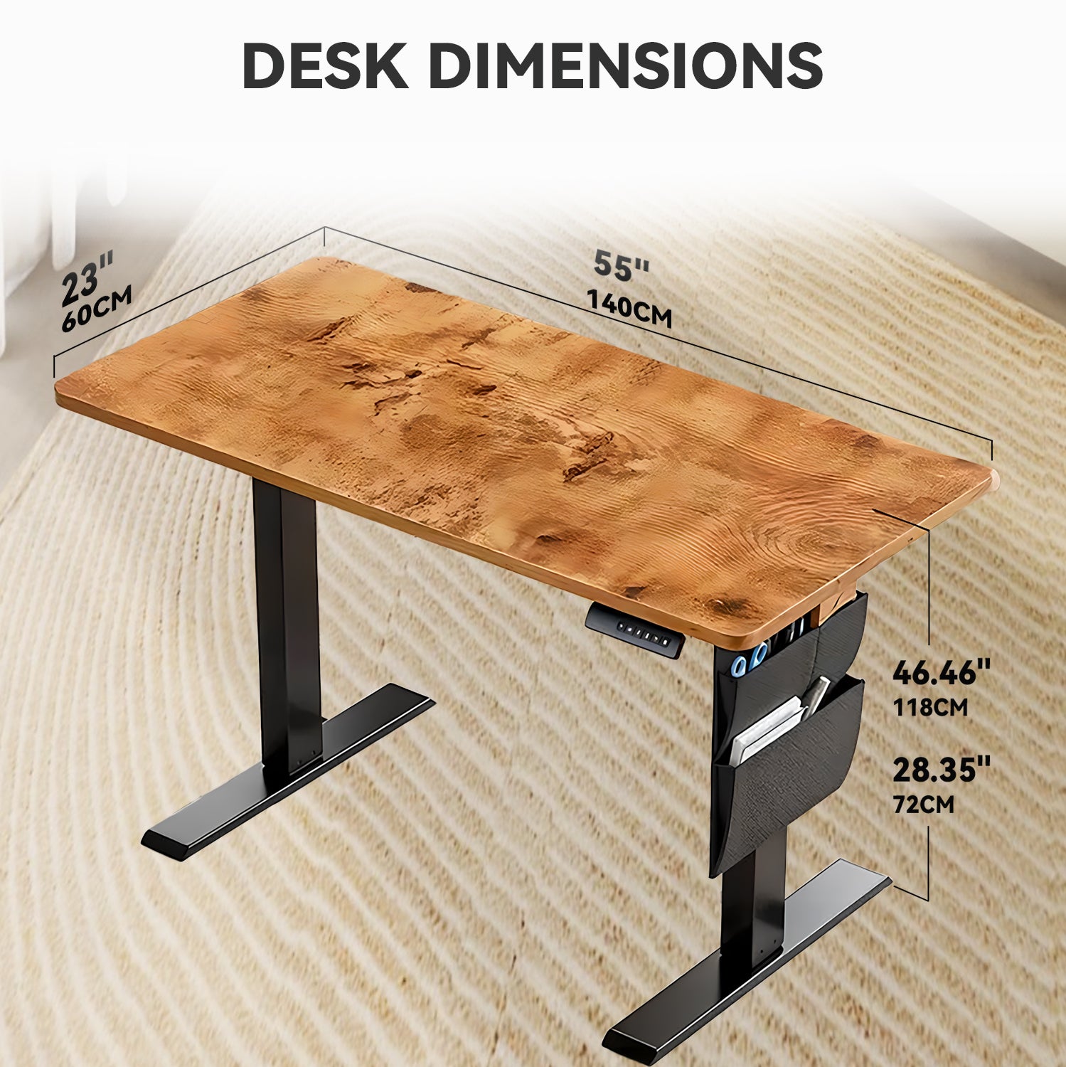 Electric Standing Desk 55in-63in – Height Adjustable Sit Stand Desk with Splice Board, Black Frame & Rustic Brown Top for Home Office