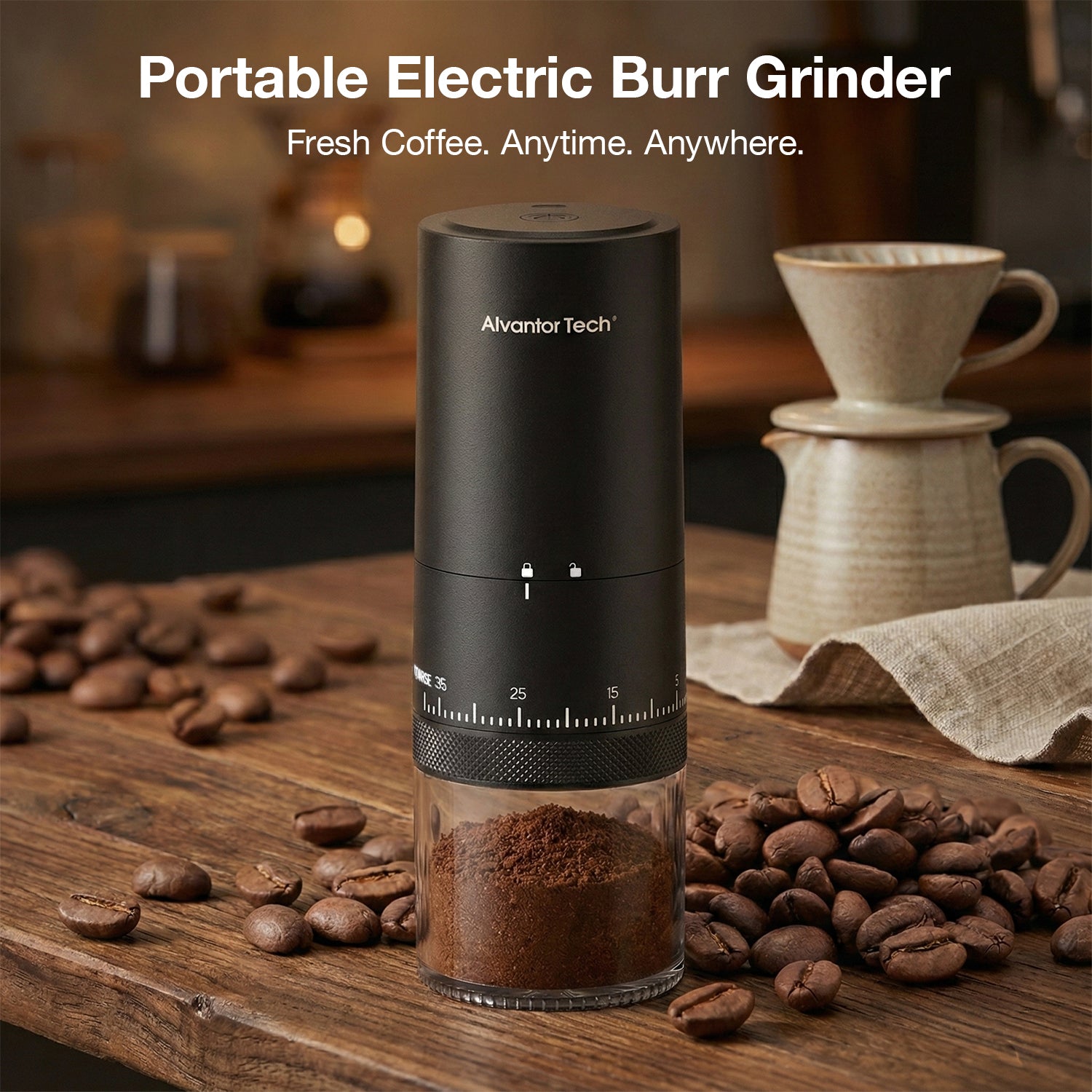Alvantor Tech® Rechargeable Portable Coffee Grinder, 38 Grind Settings External Dial, 2000mAh Battery, Ceramic Burr, 25g Bean Hopper, 120–150 Min Fast Charging, Grind While Charging, Compact 2.8"×2.8"×7.9"