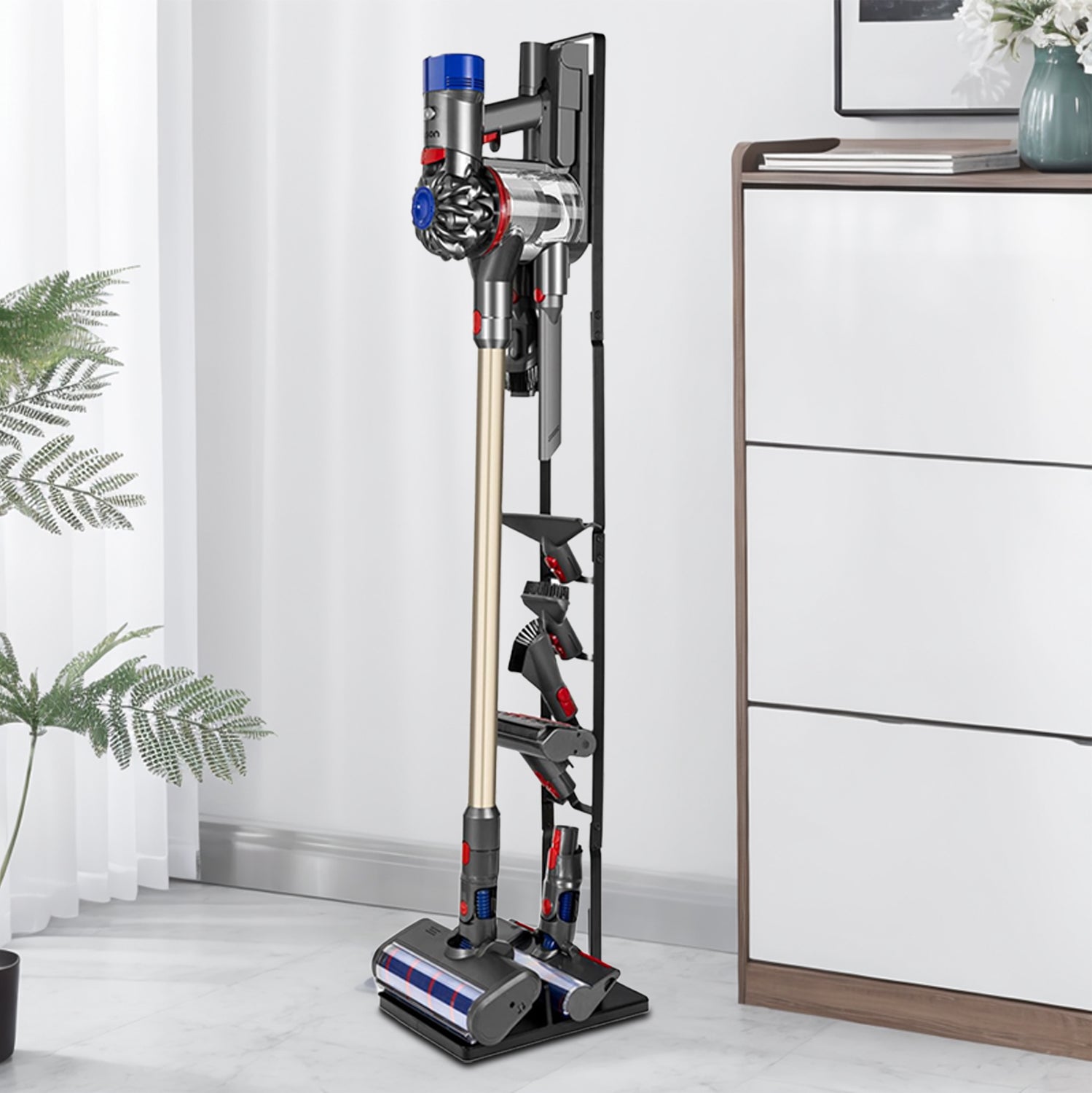 Cordless Vacuum Stand with Clamp & Accessory Hooks – Heavy Metal Base (V6–V15 Compatible)