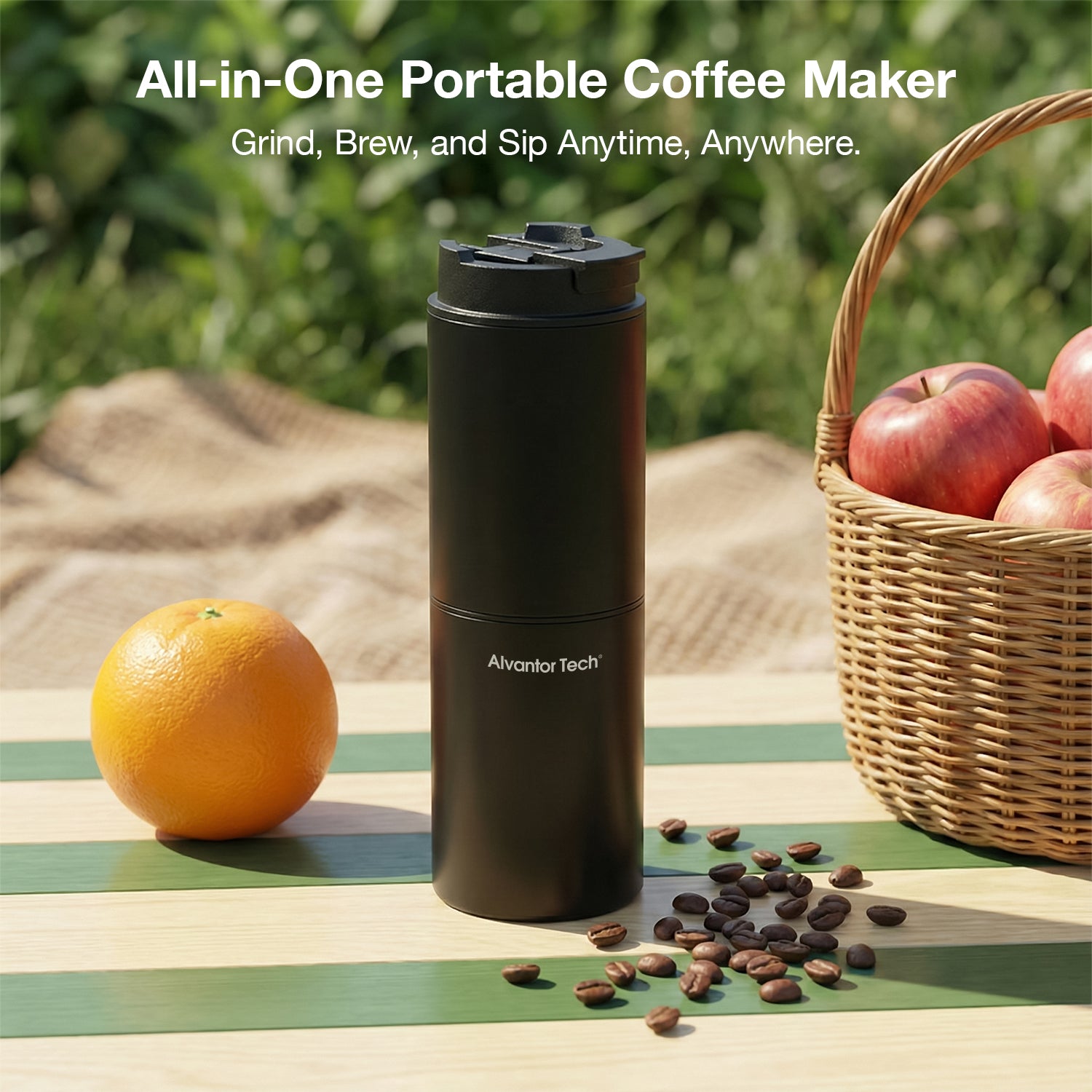 Alvantor Tech® Portable Coffee Maker with Grinder, 3-in-1 Grind & Brew Travel Coffee Cup, 38 Grind Settings, 2000mAh Rechargeable Battery (Up to 15–20 Cups/Charge), SUS304 Vacuum Insulated Stainless Steel, Double-Layer Filter, Ceramic Alloy Burr