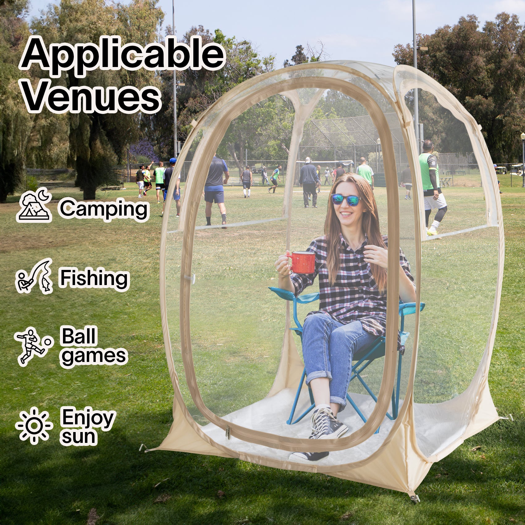 Eighteentek Portable Clear Pop-Up Sports Tent, Weatherproof Bubble Shelter with 360° View, UV Protection, Easy Setup for Outdoor Events, Camping, and Backyard Relaxation