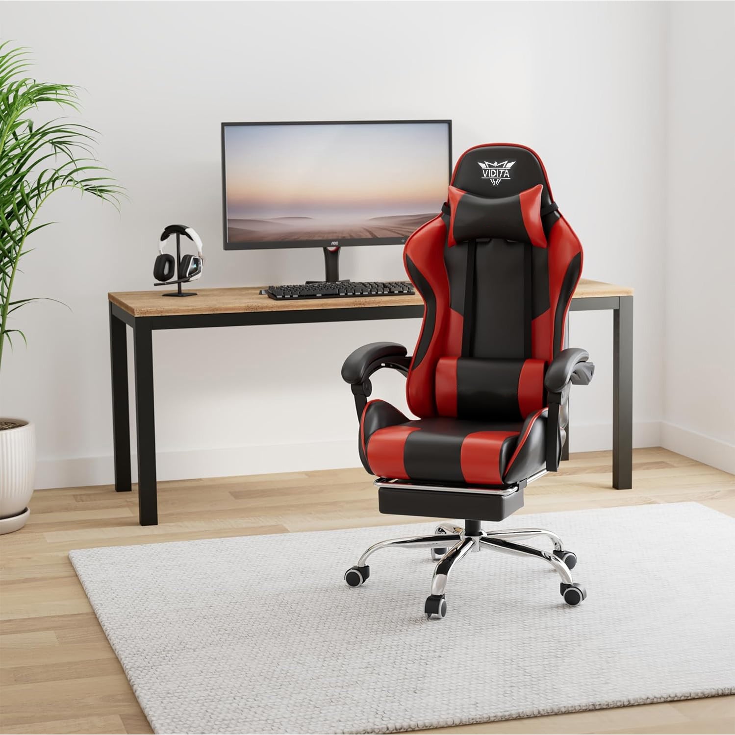Ergonomic Gaming Chair with Footrest & Lumbar Pillow – Adjustable Height & PU Leather Comfort