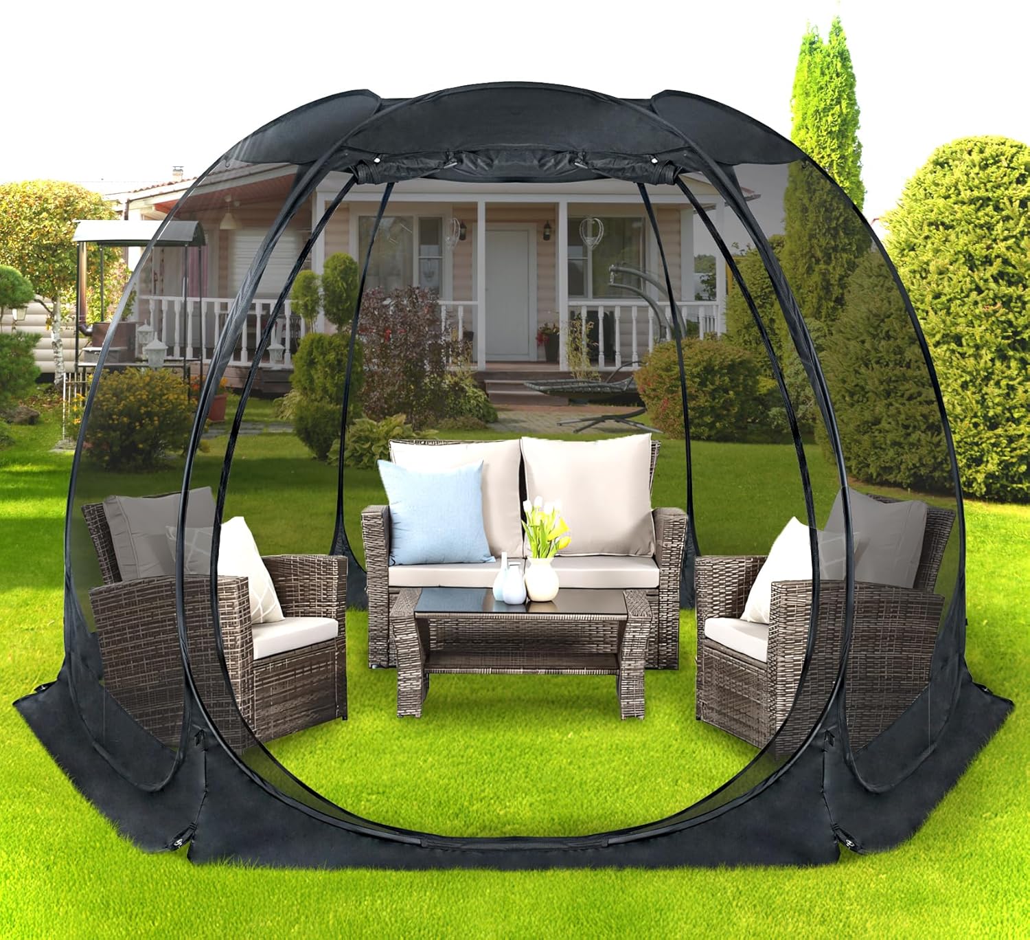 Alvantor Screen House Gazebo, 4-6 Person Pop Up Igloo Screened Canopy Tent with Mosquito Netting Sides, Instant UV Resistant Sun Shelter for Garden, Patio, Backyard, Black