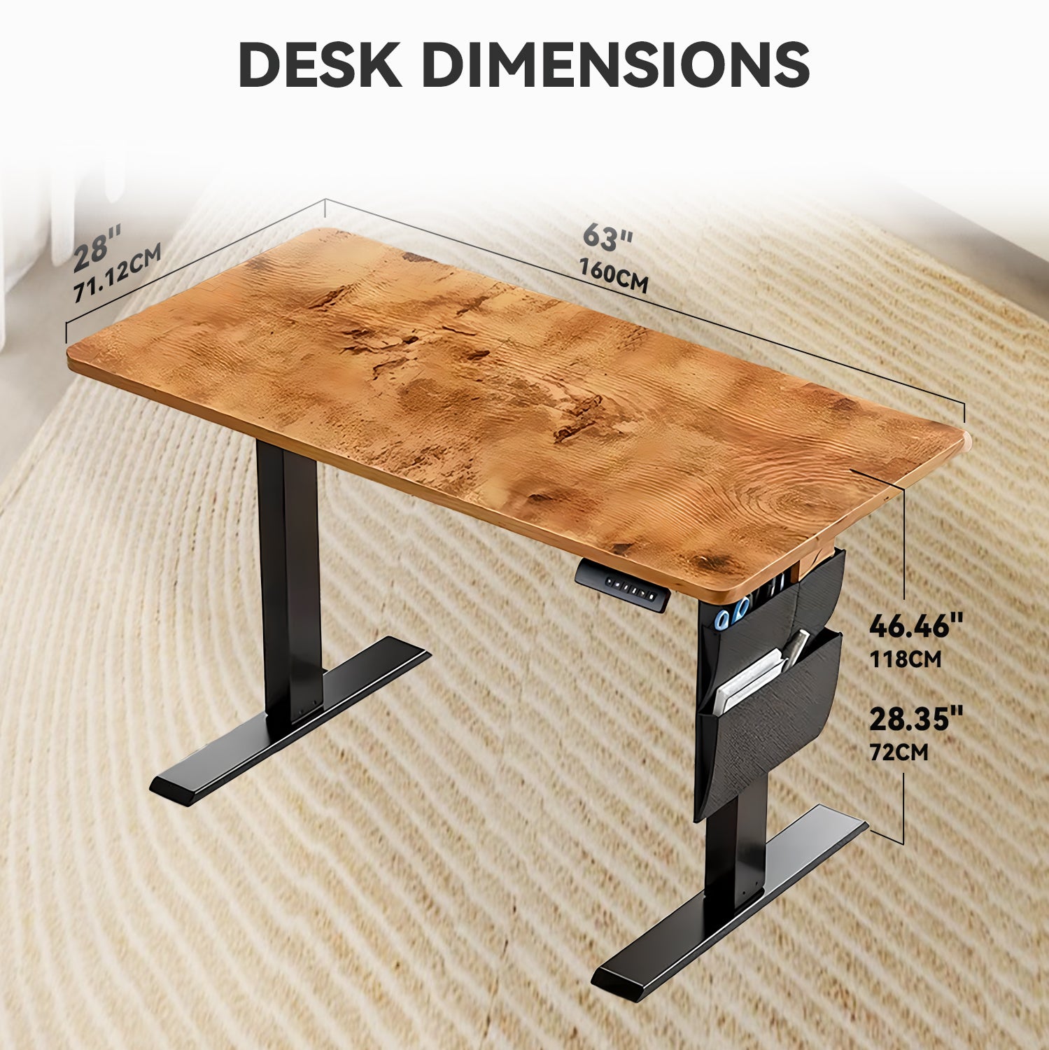 Electric Standing Desk 55in-63in – Height Adjustable Sit Stand Desk with Splice Board, Black Frame & Rustic Brown Top for Home Office