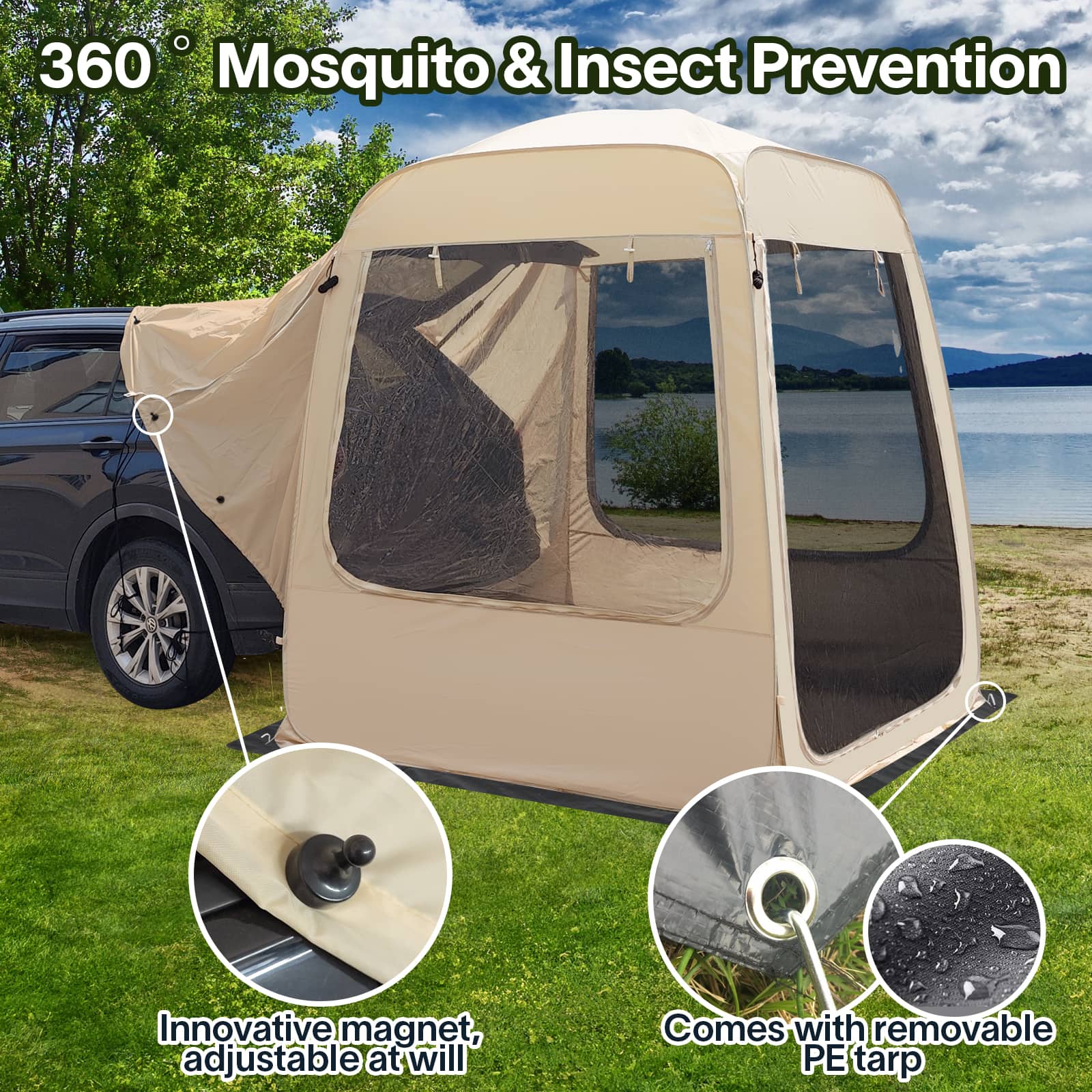Eighteentek All-Weather SUV Camping Tent Pop-Up Screen Shelter with Mesh & Waterproof PVC | Fits SUV/Van/Truck | Portable 4-Season Car Tent