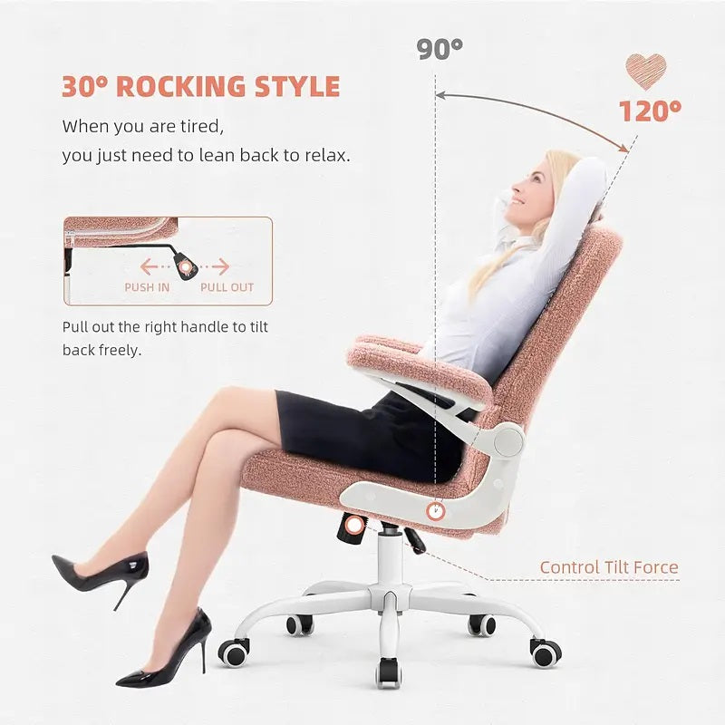 Pink Faux Fur Ergonomic Desk Chair with Lumbar Support & Flip-up Arms