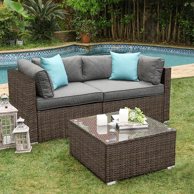 Alvantor 3-Piece Outdoor Patio Furniture Set, Brown Wicker Sectional Sofa with Coffee Table, Dark Gray Cushions, Turquoise Pillows, Backyard Garden Pool Deck Loveseat